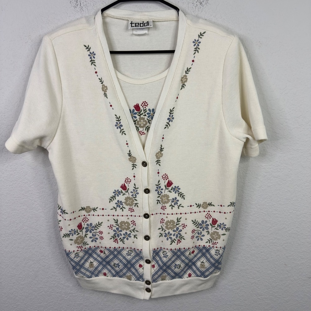 Vintage Teddi Cardigan Top Women M Cream Floral Knit Cottagecore Prairie Grandma